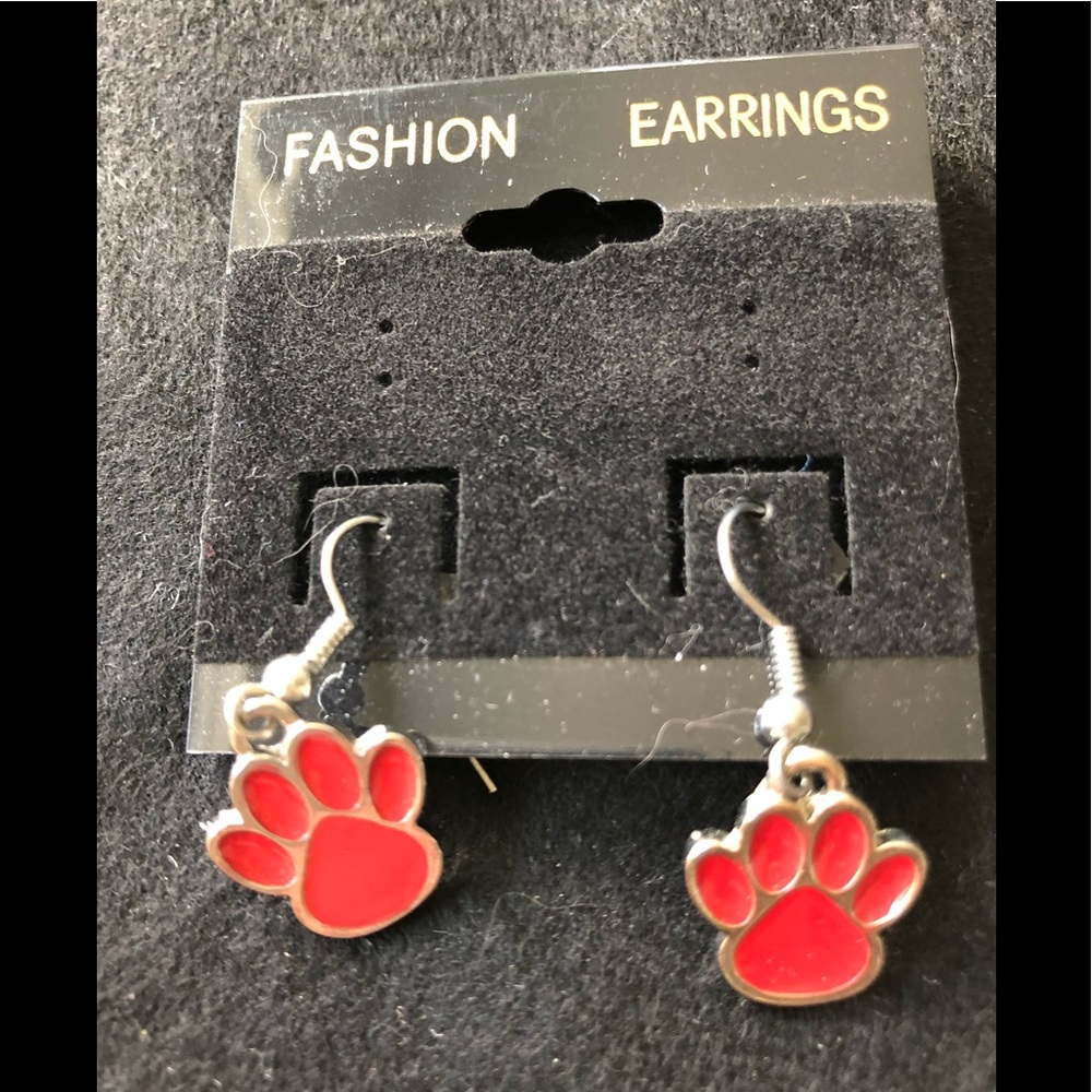 NWT Dog Cat Red Paw Stainless Dangle Pierced Earrings *benefits animal rescue
